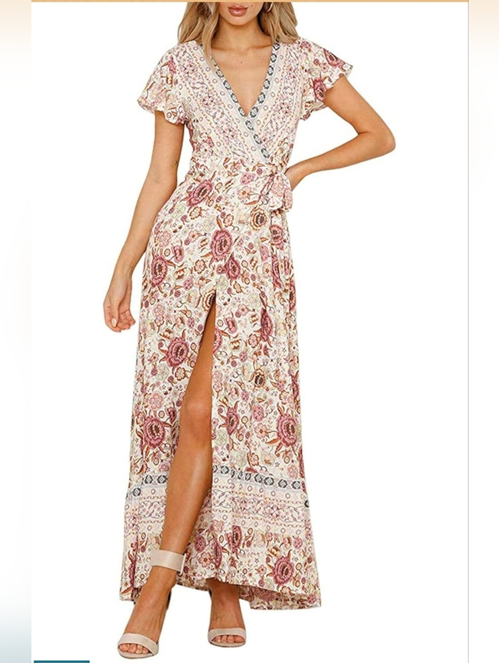 ZESICA Bohemian Floral Printed Wrap V Neck Dress Size XL